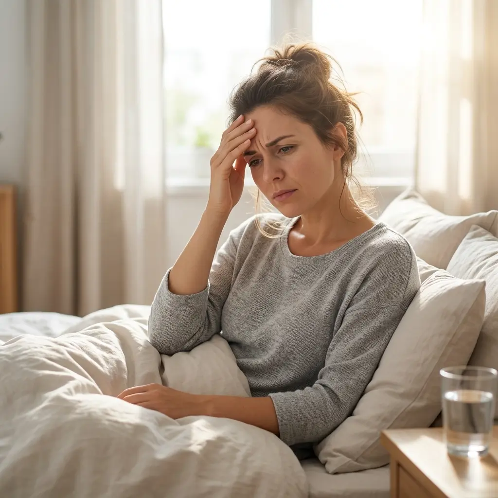 Adult waking up with morning headache and discomfort after sleeping.