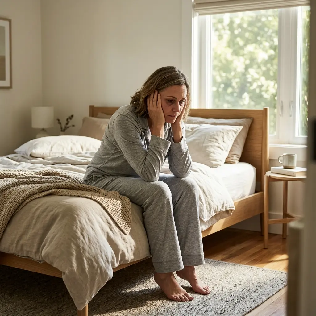 Woman sitting on the edge of her bed looking tired after a full night of sleep. Why Do I Wake Up Tired Even After Sleeping All Night?