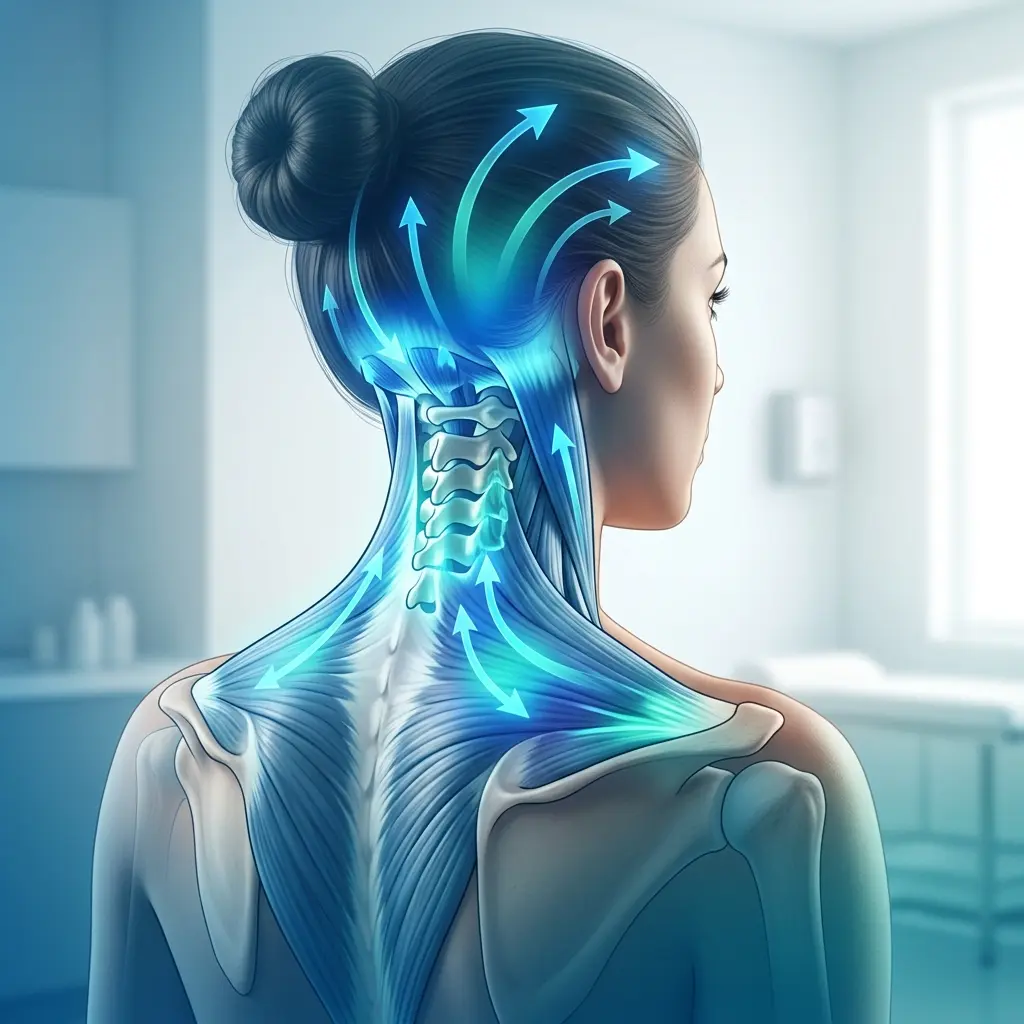 Illustration showing neck muscle tension connected to morning headache discomfort.