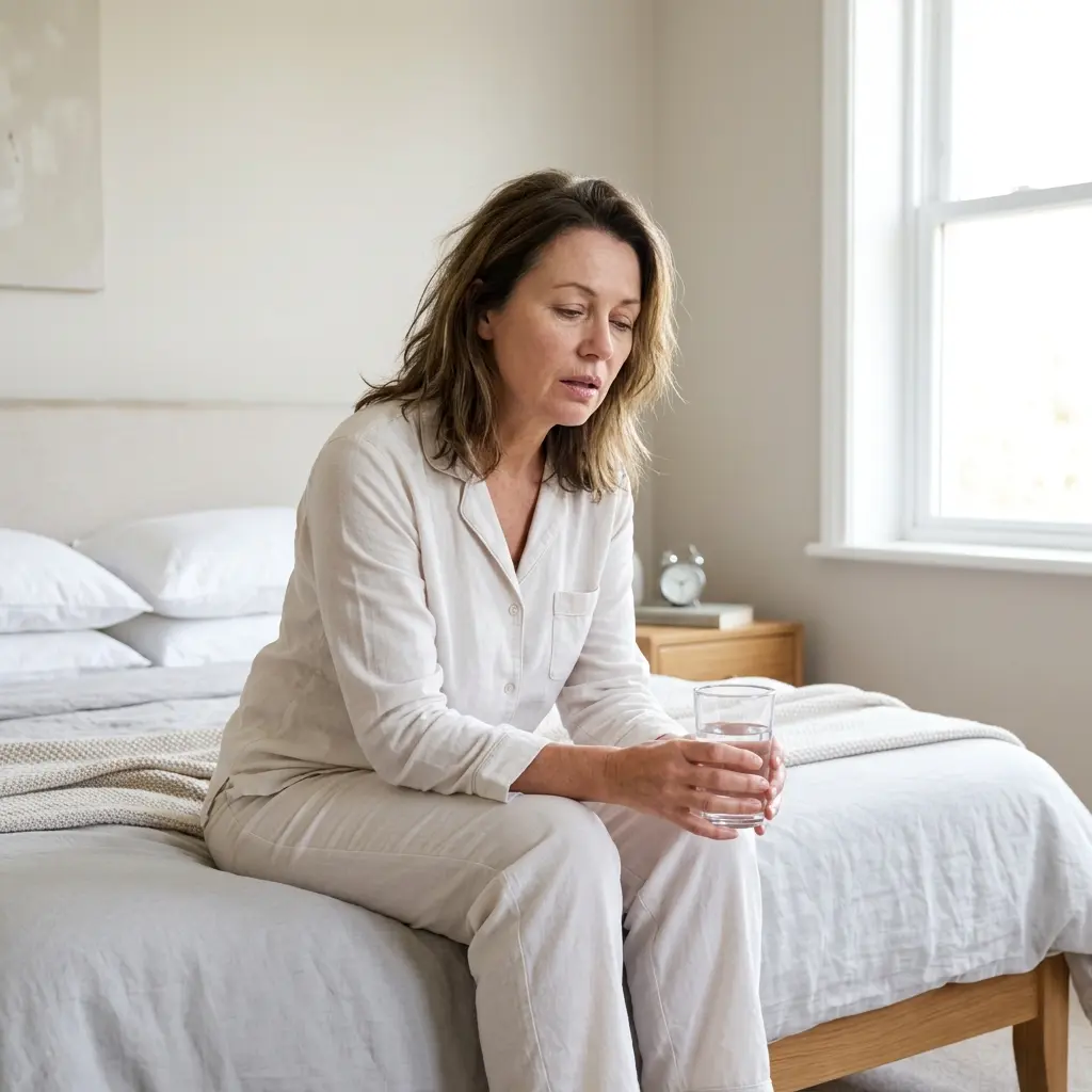 Woman waking up with dry mouth and reaching for a glass of water after sleeping.