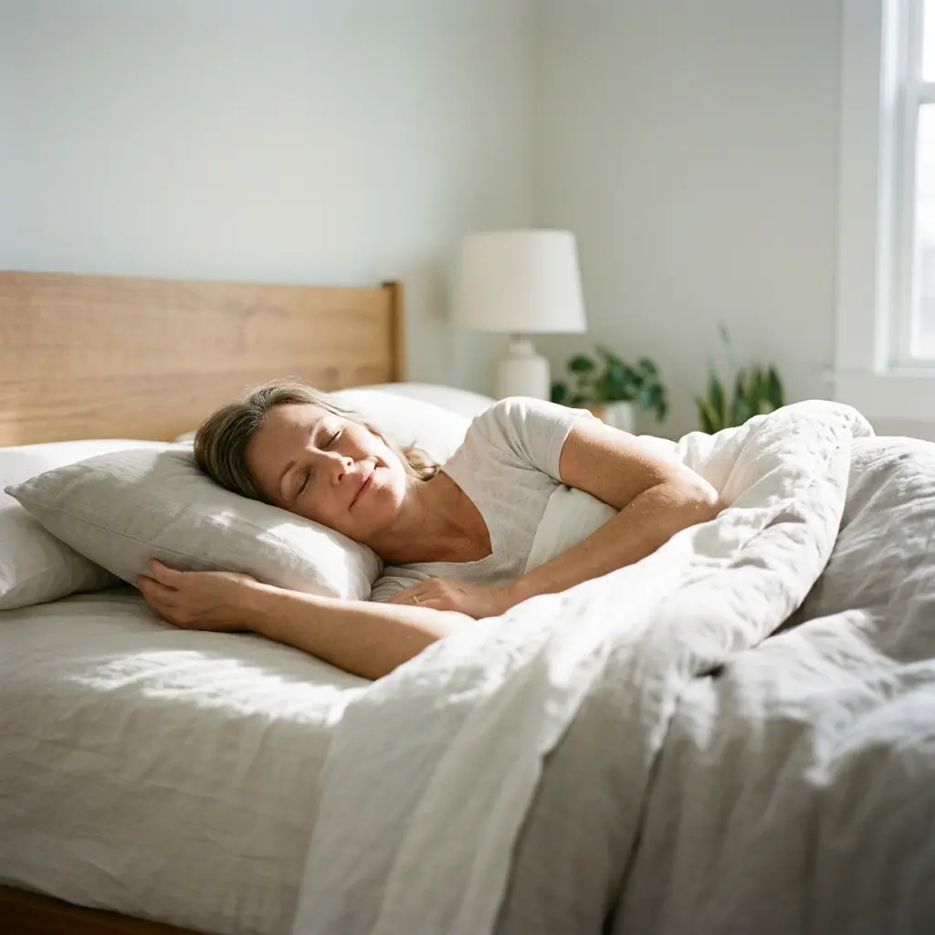 Person sleeping comfortably with proper posture and relaxed breathing.