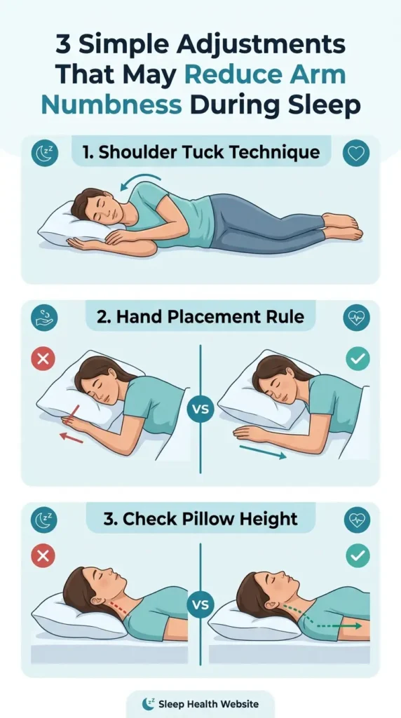 3 simple adjustments that may reduce arm numbness during sleep including shoulder tuck technique, hand placement rule and proper pillow height.