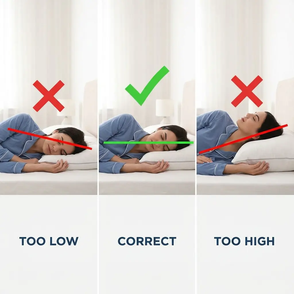 Comparison of side sleeping positions showing incorrect low pillow, correct neutral neck alignment, and overly high pillow affecting cervical posture.