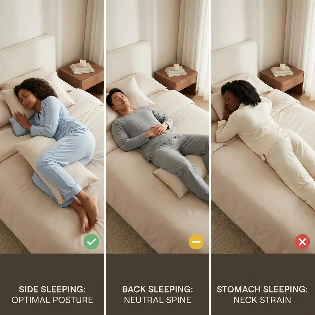 Illustration comparing side sleeping with proper neutral neck alignment, back sleeping with neutral spine support, and stomach sleeping associated with increased neck strain.