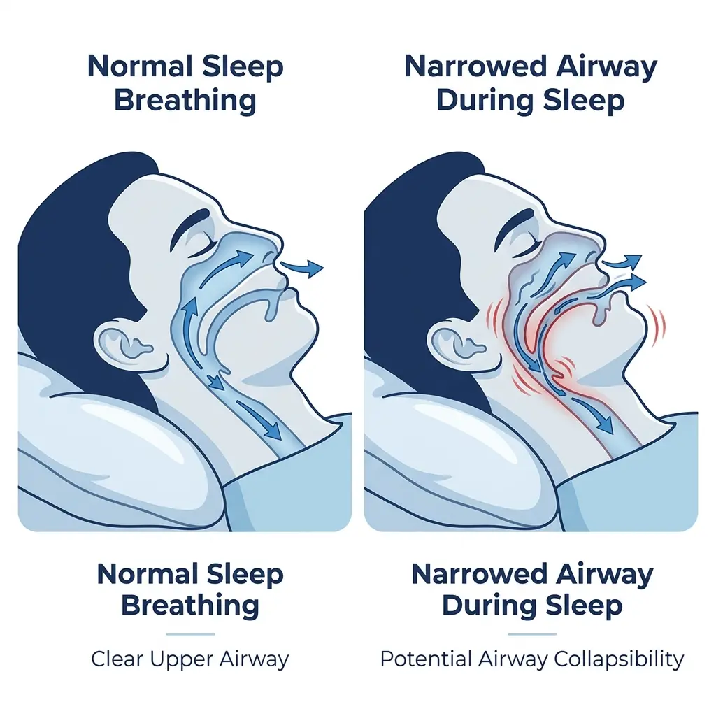 Comparison showing normal airflow versus narrowed airway during sleep and how airway restriction may contribute to snoring and mouth breathing.