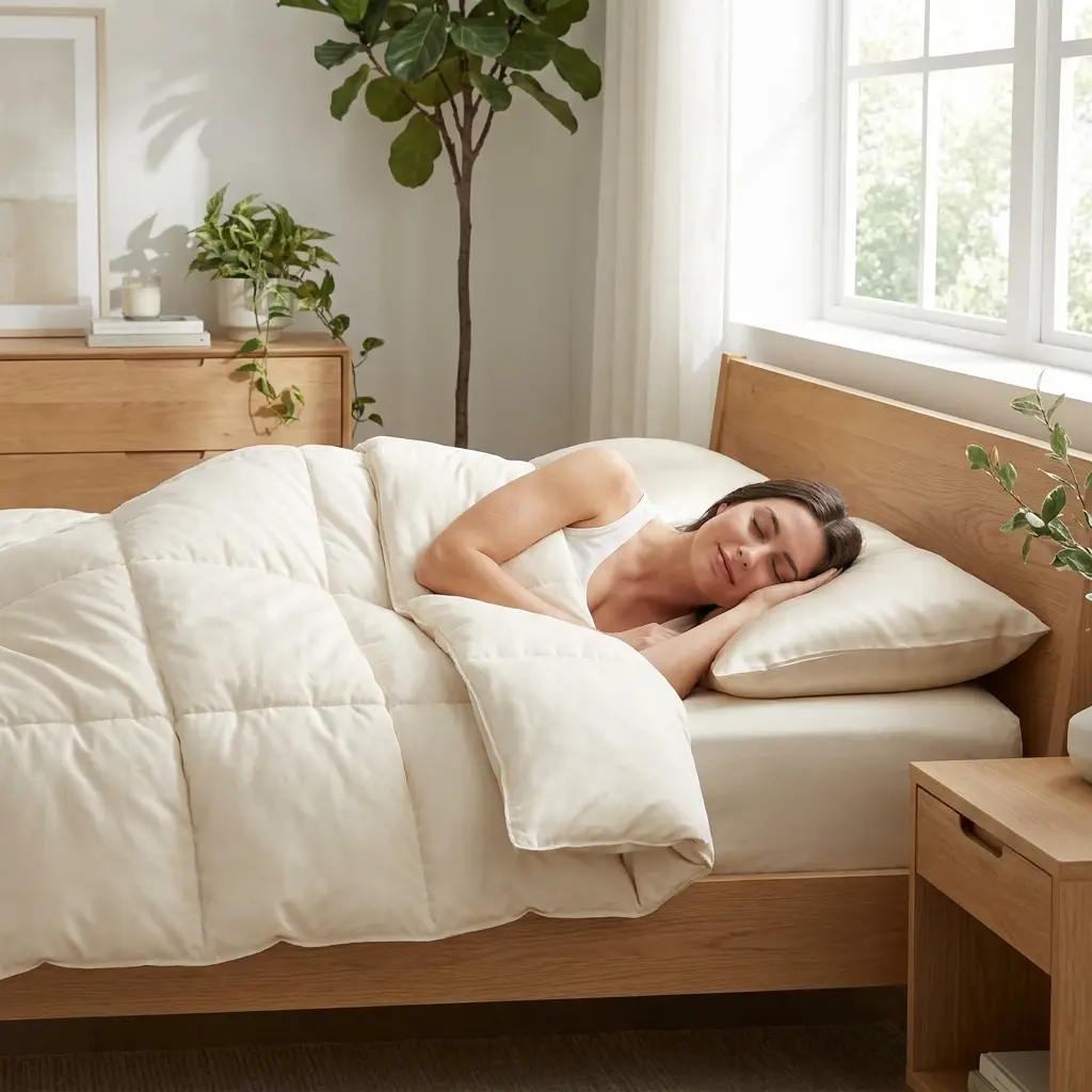 Woman sleeping on her side with proper pillow support helping maintain neutral neck alignment during sleep.