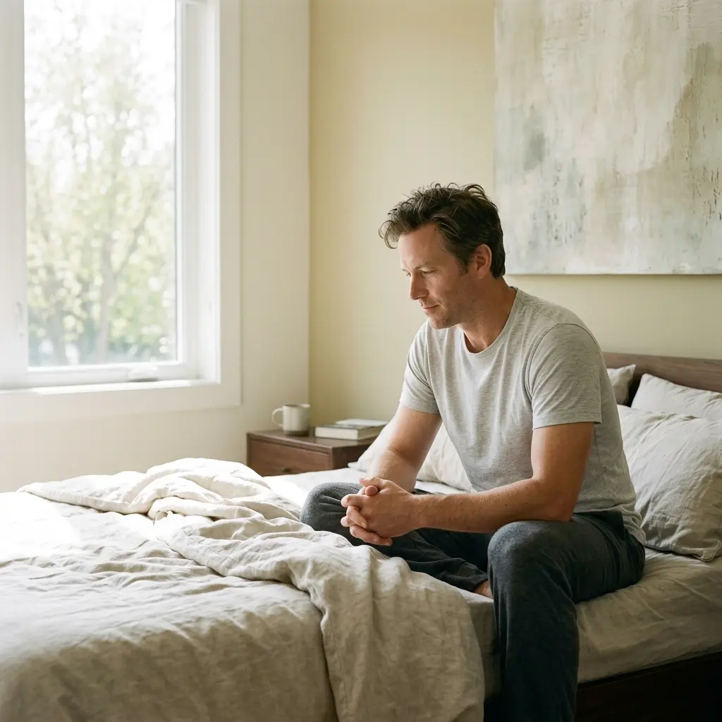 Person reflecting on sleep habits and nighttime discomfort