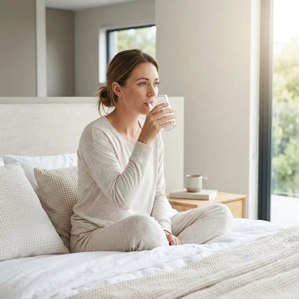 Woman drinking water after waking up with a dry mouth.