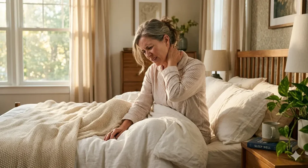 Woman waking up with neck stiffness and neck pain while sitting in bed after sleep.